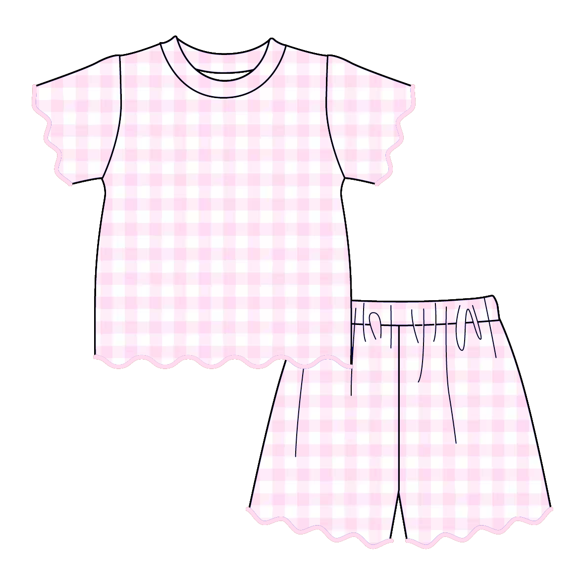 Summer Color Plaid Soft Scallop Trim Short Set