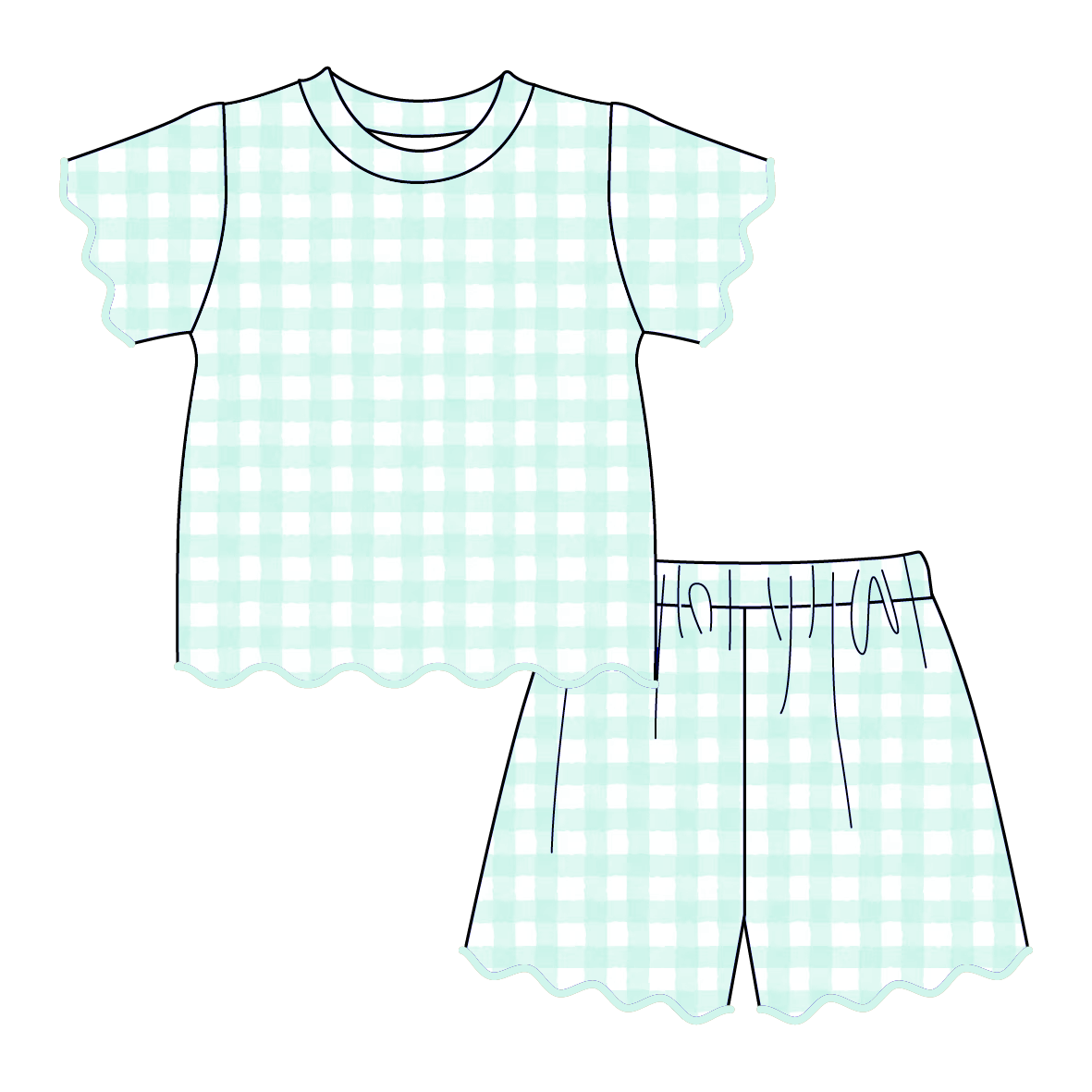 Summer Color Plaid Soft Scallop Trim Short Set