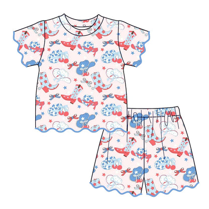 July 4th Red Blue Printed Scallop Trim Short Set