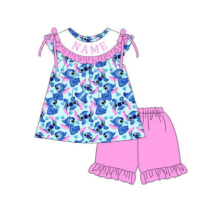 Summer Girls Blue Cartoon Custom Name Smocked Embroidery Set Collection