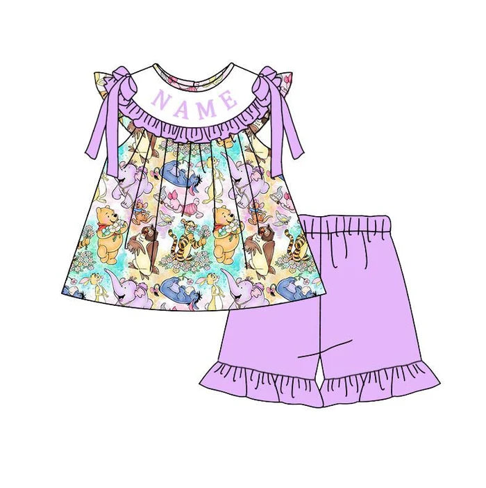 Summer Girls Purple Character Custom Name Smocked Embroidery Set Collection