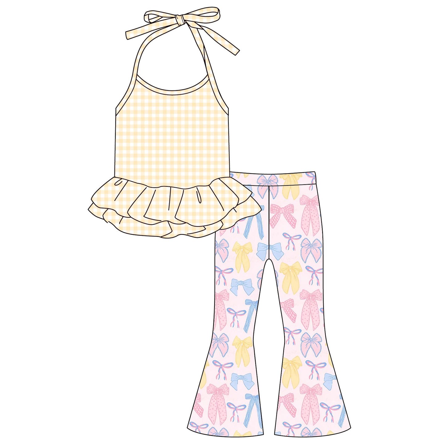 Girls Summer Ruffle Halter Top & Flare Pants Set – Gingham Tank with Printed Bell-Bottom Leggings (2-Piece Outfit)
