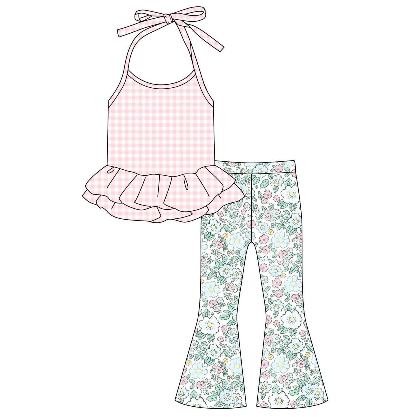 Girls Summer Ruffle Halter Top & Flare Pants Set – Gingham Tank with Printed Bell-Bottom Leggings (2-Piece Outfit)
