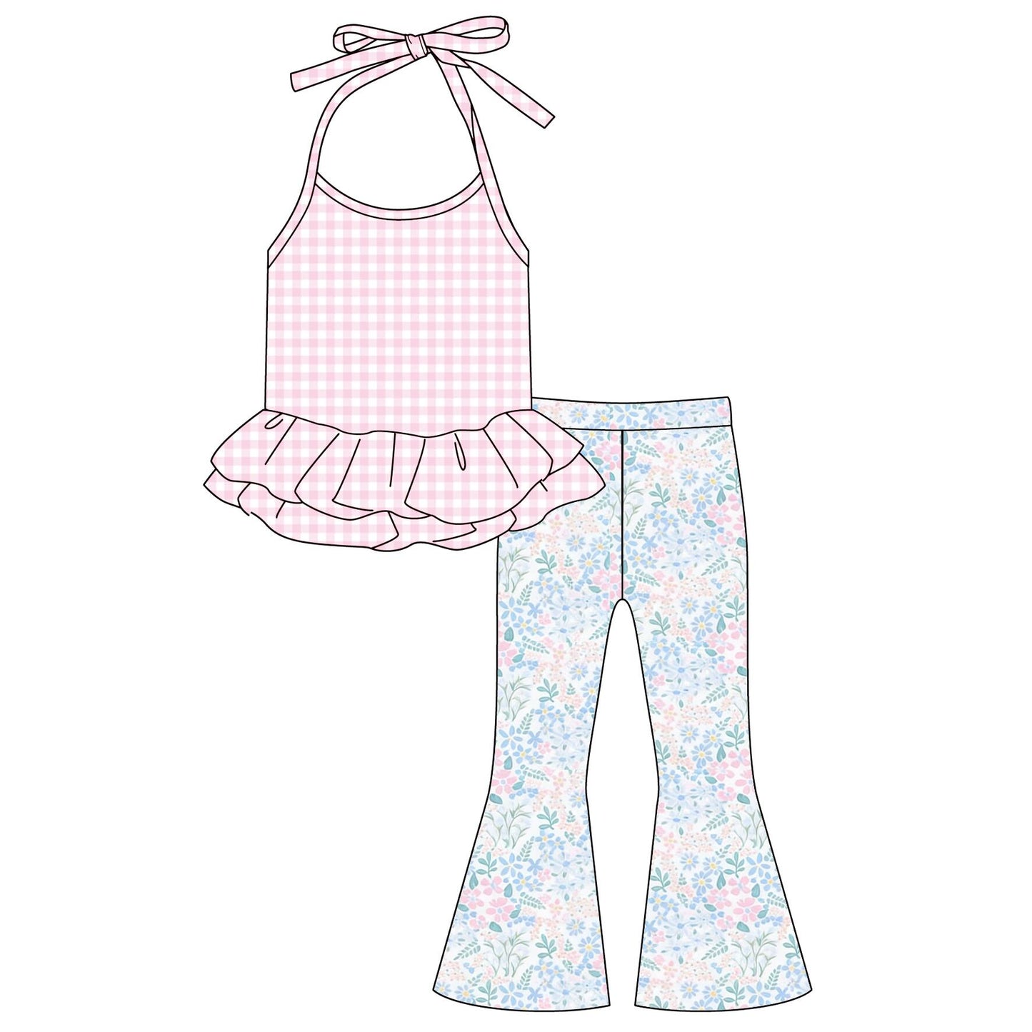 Girls Summer Ruffle Halter Top & Flare Pants Set – Gingham Tank with Printed Bell-Bottom Leggings (2-Piece Outfit)