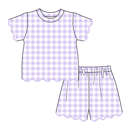 Summer July 4th Plaid Printed Scallop Trim Short Set