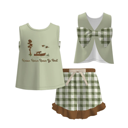 Kids Plaid Short Set With Bear Boat Embroidery Collection For Summer
