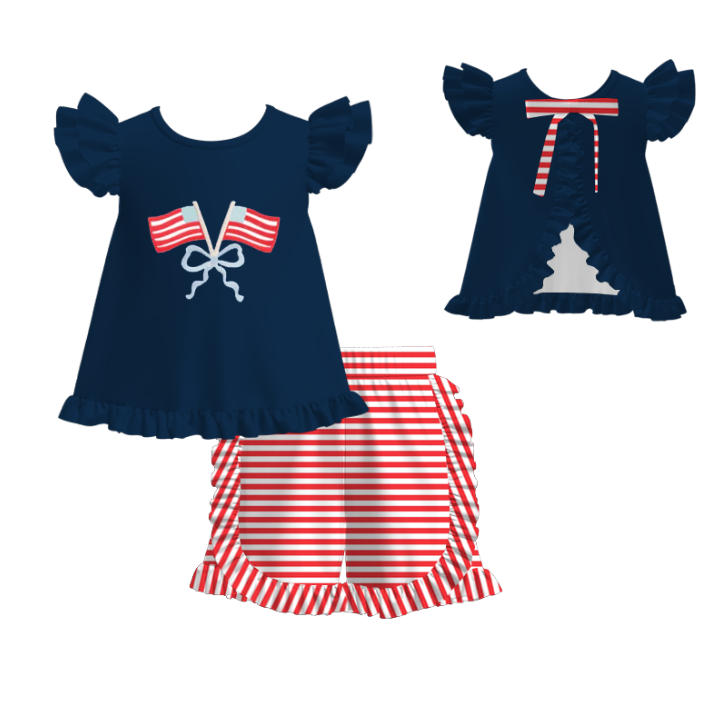4th Of July Independence Day Girls Flag Embroidery Short Set