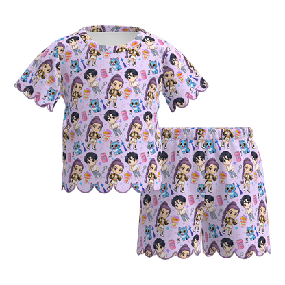 Summer K-Pop Demon Hunter Fashion Soft Scallop Trim Short Set