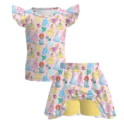 Girls Character Print Flutter Sleeve & Scalloped Pajama Set – Soft Summer Short Sleeve Lounge Set