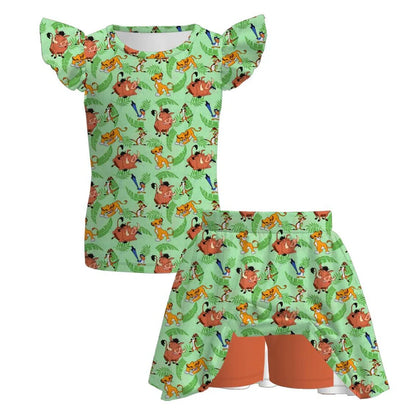 Girls Character Print Flutter Sleeve & Scalloped Pajama Set – Soft Summer Short Sleeve Lounge Set