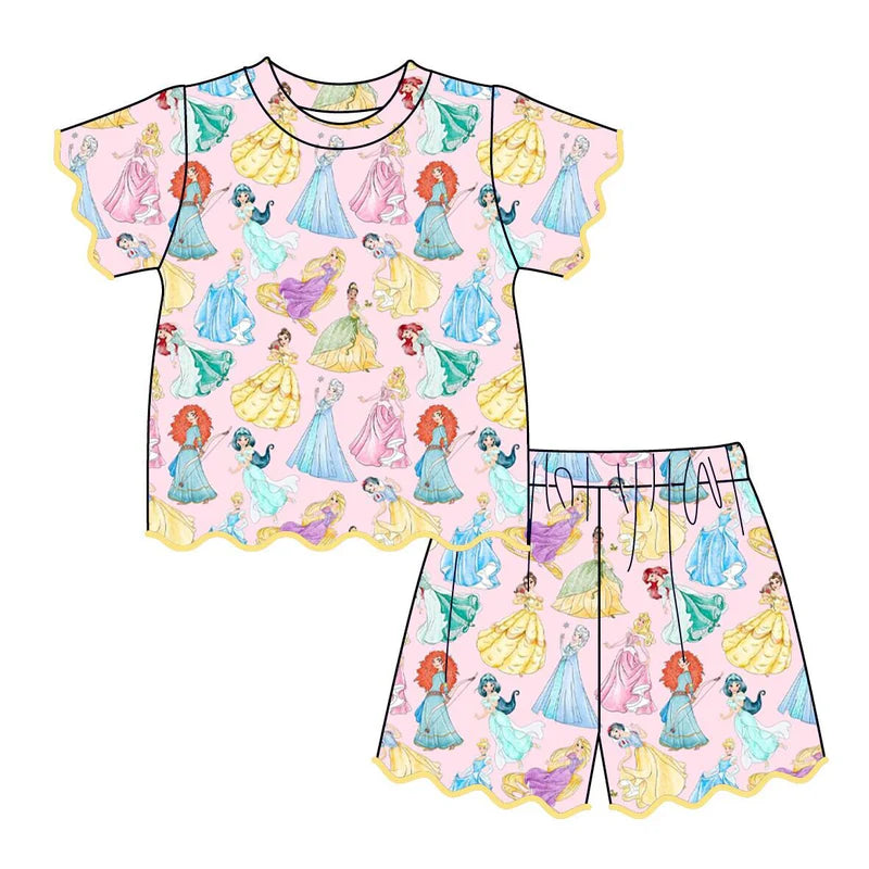 Girls Character Print Flutter Sleeve & Scalloped Pajama Set – Soft Summer Short Sleeve Lounge Set