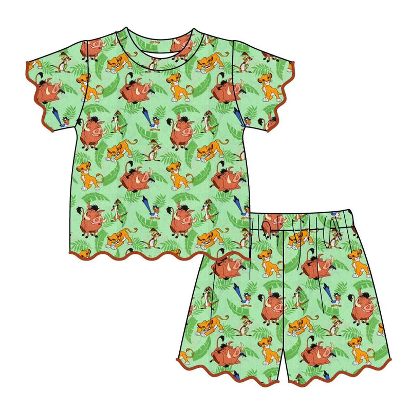 Girls Character Print Flutter Sleeve & Scalloped Pajama Set – Soft Summer Short Sleeve Lounge Set
