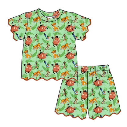 Girls Character Print Flutter Sleeve & Scalloped Pajama Set – Soft Summer Short Sleeve Lounge Set