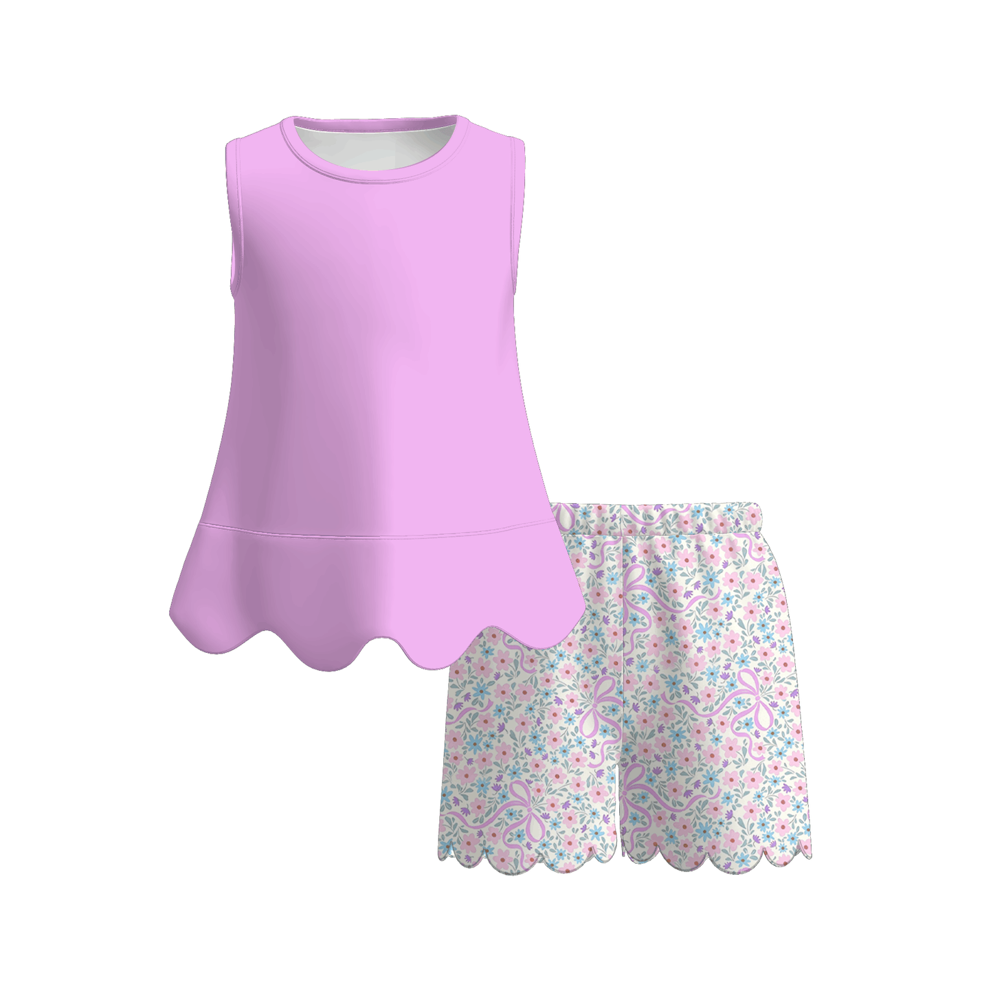 Summer Colorful Character Fashion Soft Scallop Trim Short Set