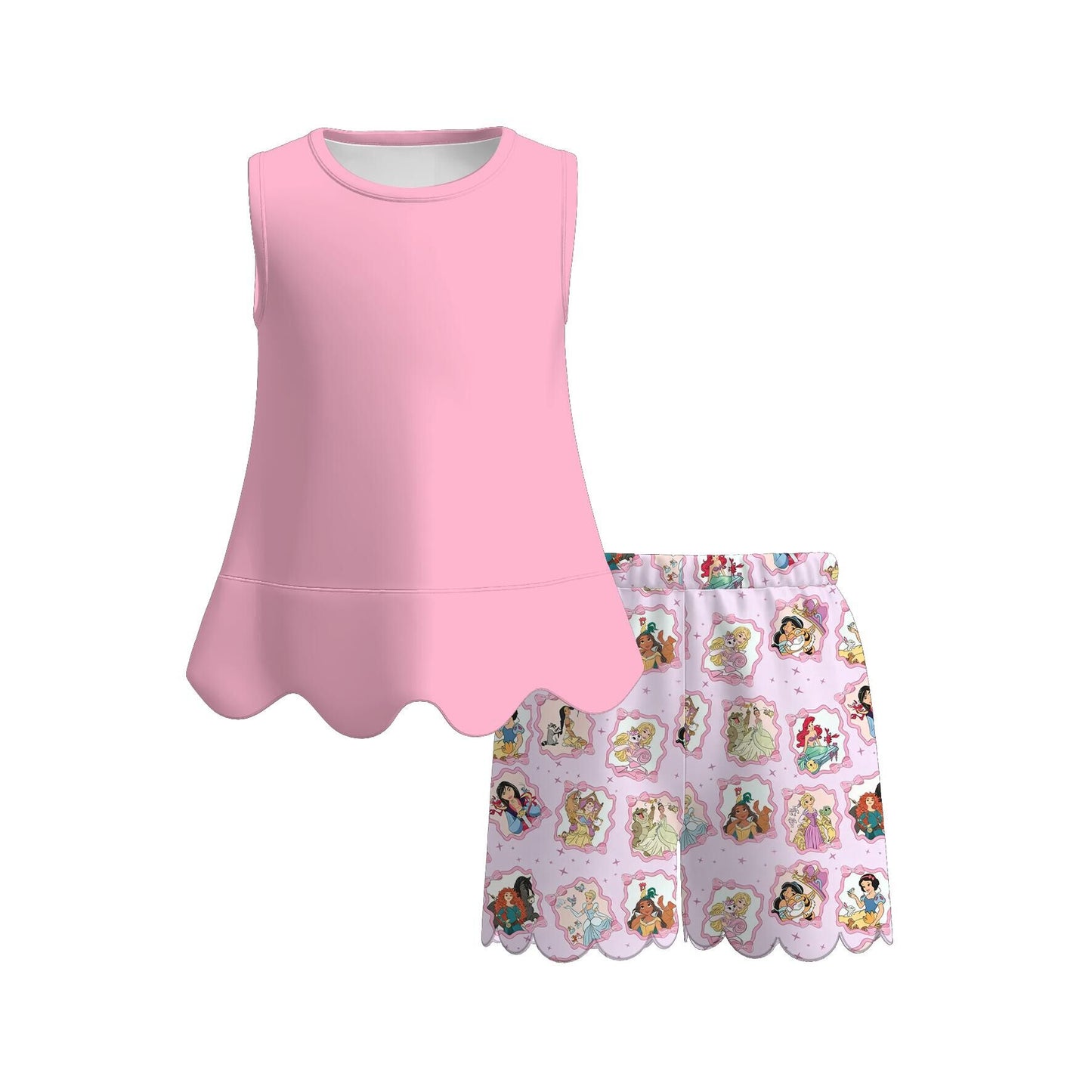 Summer Colorful Character Fashion Soft Scallop Trim Short Set