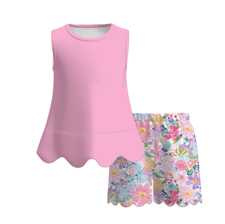 Summer Colorful Character Fashion Soft Scallop Trim Short Set