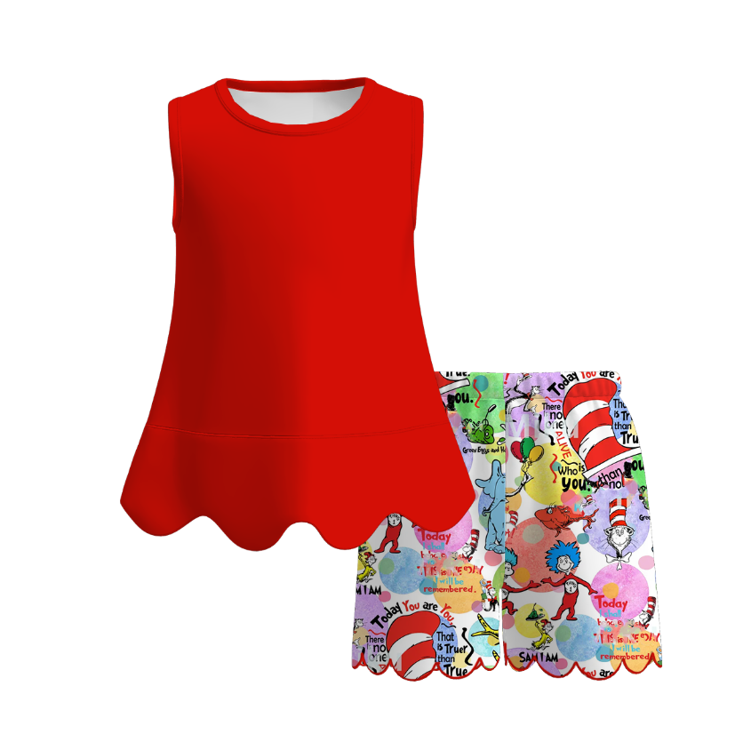 Summer Colorful Character Fashion Soft Scallop Trim Short Set