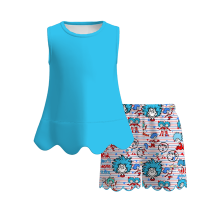 Summer Colorful Character Fashion Soft Scallop Trim Short Set