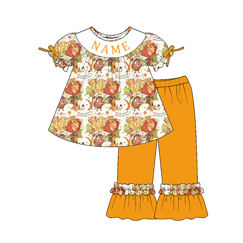 Girls Smocked Embroidery Outfit Set – Personalized Name Cartoon Lion Collection Dress, Romper & Matching Sets