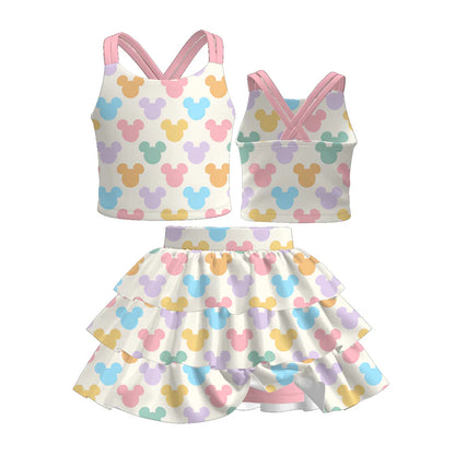 Girls Summer Outfit Set – Cute Colorful Cartoon Print Dress, Tank Top, Skirt & Shorts Matching Set