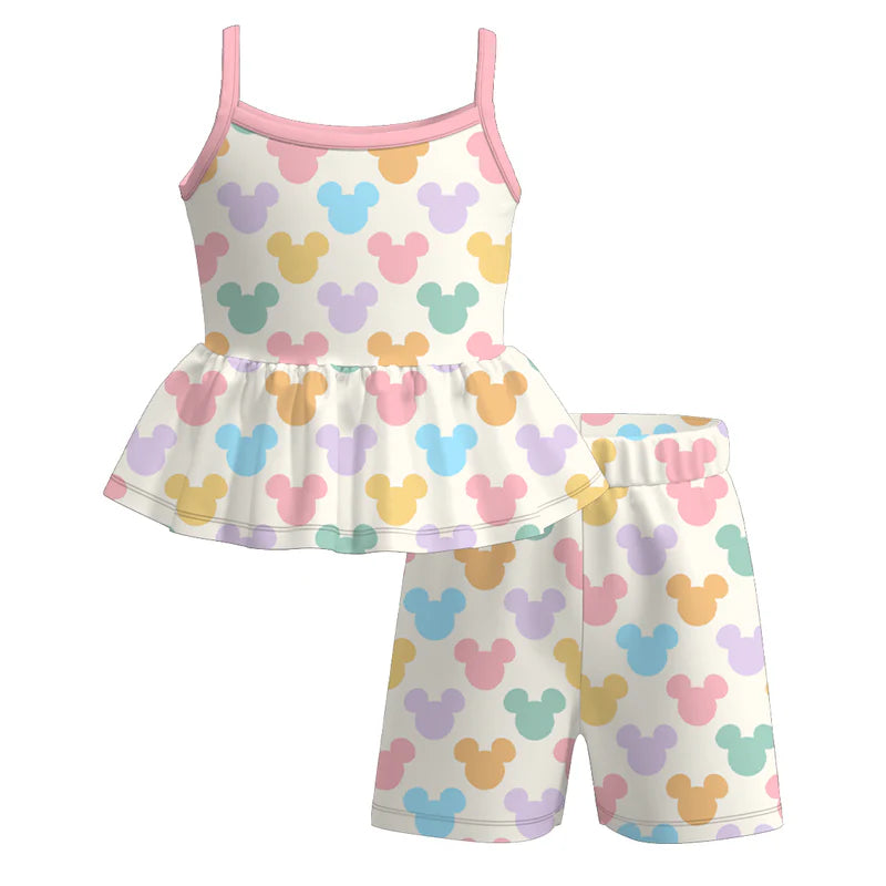Girls Summer Outfit Set – Cute Colorful Cartoon Print Dress, Tank Top, Skirt & Shorts Matching Set