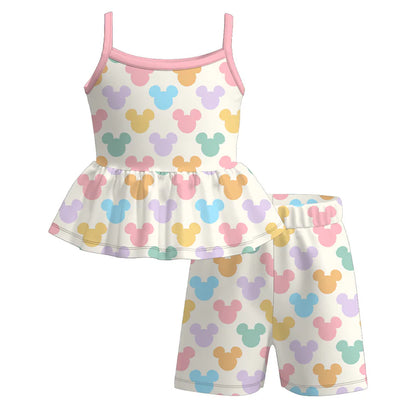 Girls Summer Outfit Set – Cute Colorful Cartoon Print Dress, Tank Top, Skirt & Shorts Matching Set