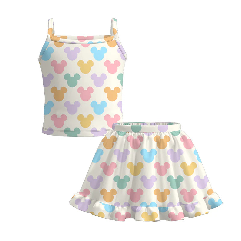 Girls Summer Outfit Set – Cute Colorful Cartoon Print Dress, Tank Top, Skirt & Shorts Matching Set