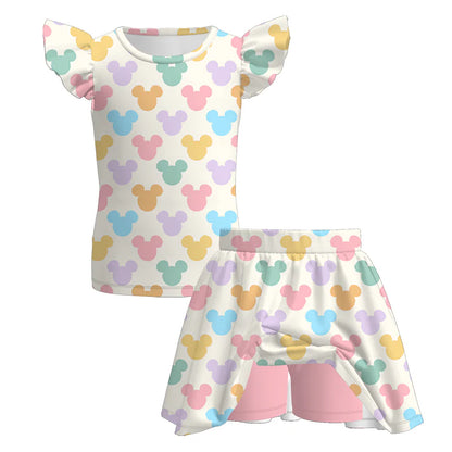 Girls Summer Outfit Set – Cute Colorful Cartoon Print Dress, Tank Top, Skirt & Shorts Matching Set