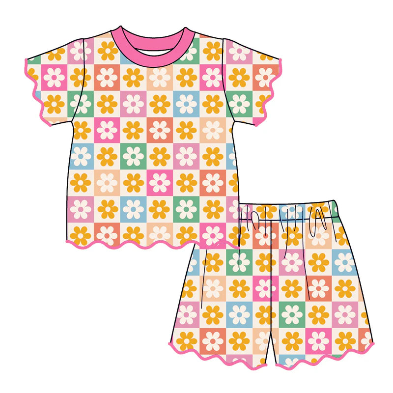 Summer Flower Fruit Printed Scallop Embroidered Trim Short Set