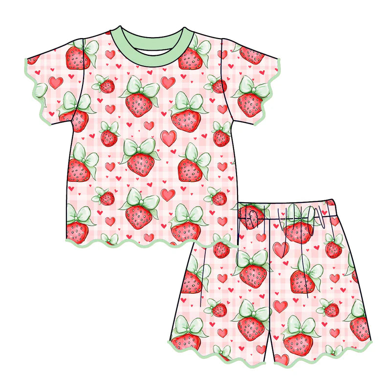 Summer Flower Fruit Printed Scallop Embroidered Trim Short Set