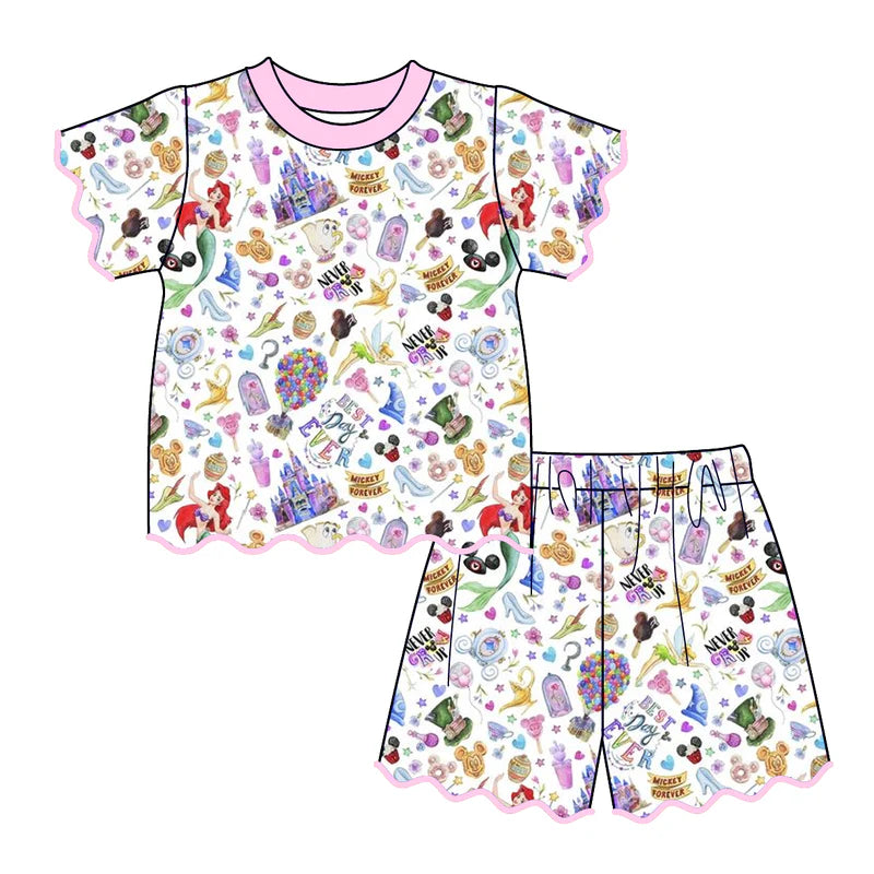 Summer Character Cartoon Printed Scallop Embroidered Trim Short Set