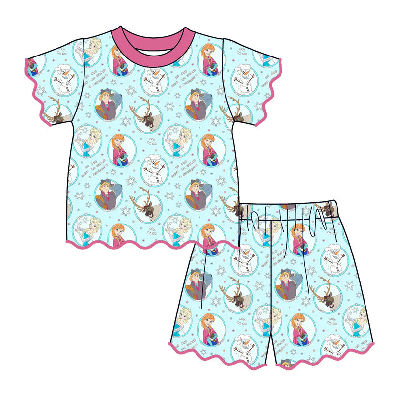 Summer Character Cartoon Printed Scallop Embroidered Trim Short Set