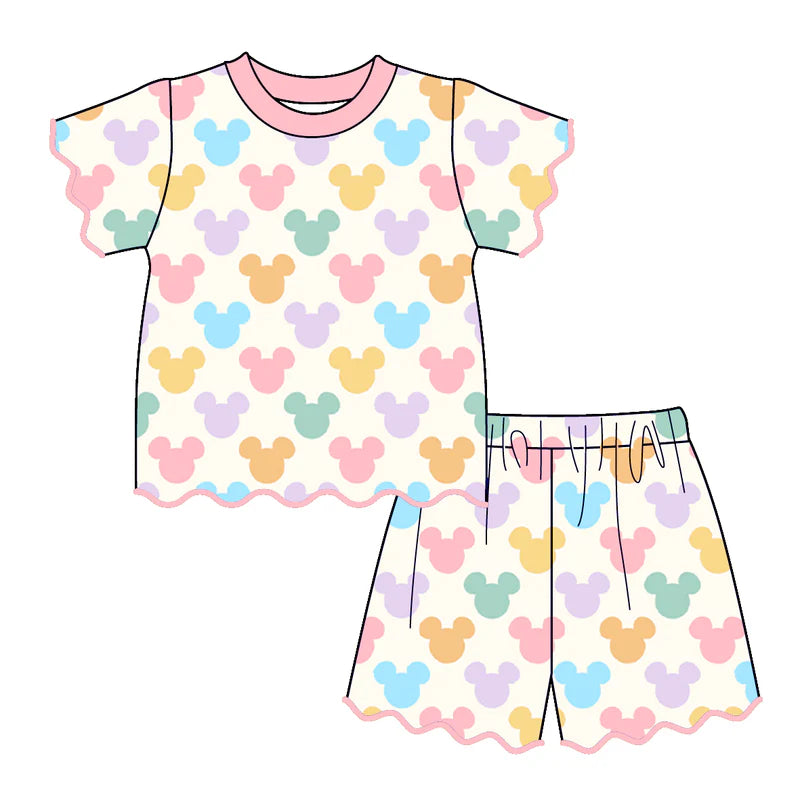Summer Character Cartoon Printed Scallop Embroidered Trim Short Set