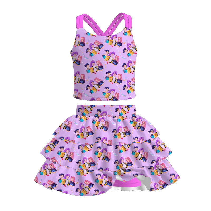 Girls Summer K-Pop Demon Hunter Printed Skort Set Collection