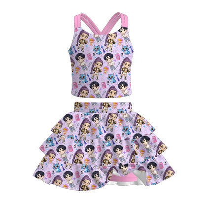 Girls Summer K-Pop Demon Hunter Printed Skort Set Collection