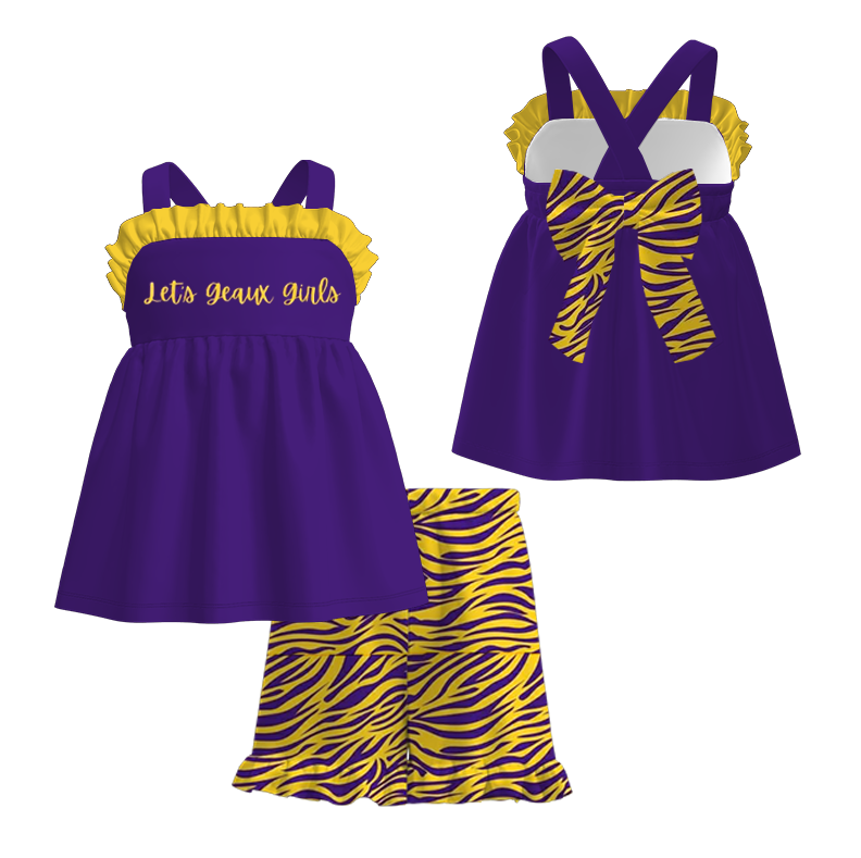 Kids Purple Yellow Embroidery Animal Print Fashion Collection