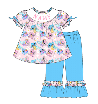 Girls Smocked Cartoon Outfit Set – Personalized Name Pink Dress, Romper & Blue Matching Sets