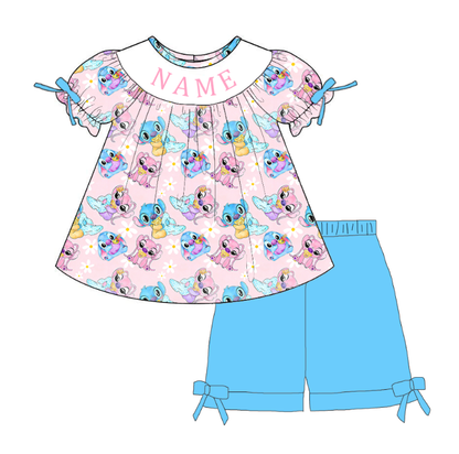 Girls Smocked Cartoon Outfit Set – Personalized Name Pink Dress, Romper & Blue Matching Sets
