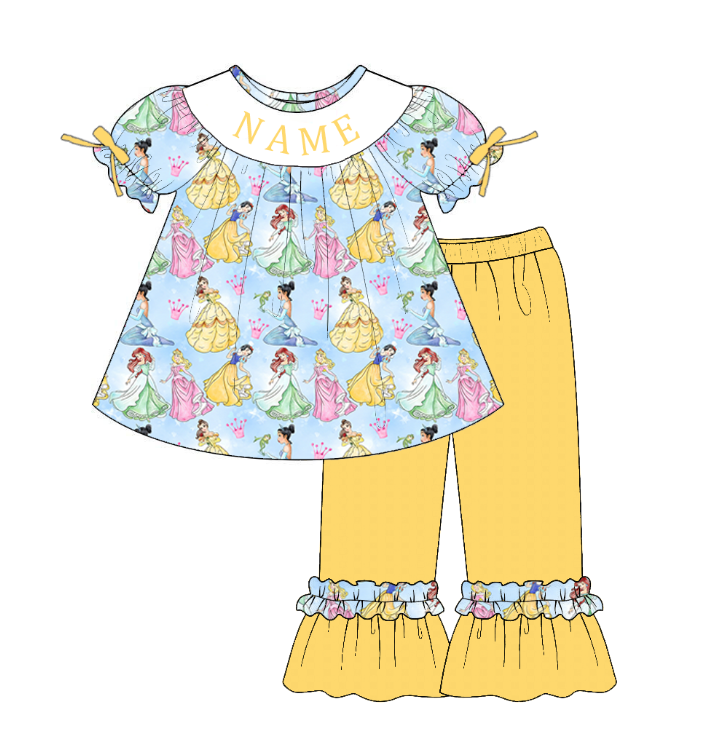Personalized Girls Princess Smocked Outfit – Blue Cartoon Dress, Romper & Yellow 2-Piece Sets