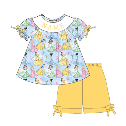 Personalized Girls Princess Smocked Outfit – Blue Cartoon Dress, Romper & Yellow 2-Piece Sets