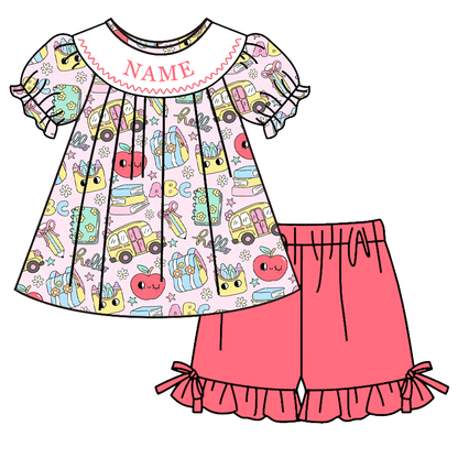 Girls Personalized Back to School Smocked Dress & Short Set | Custom Embroidered Name Boutique Outfit