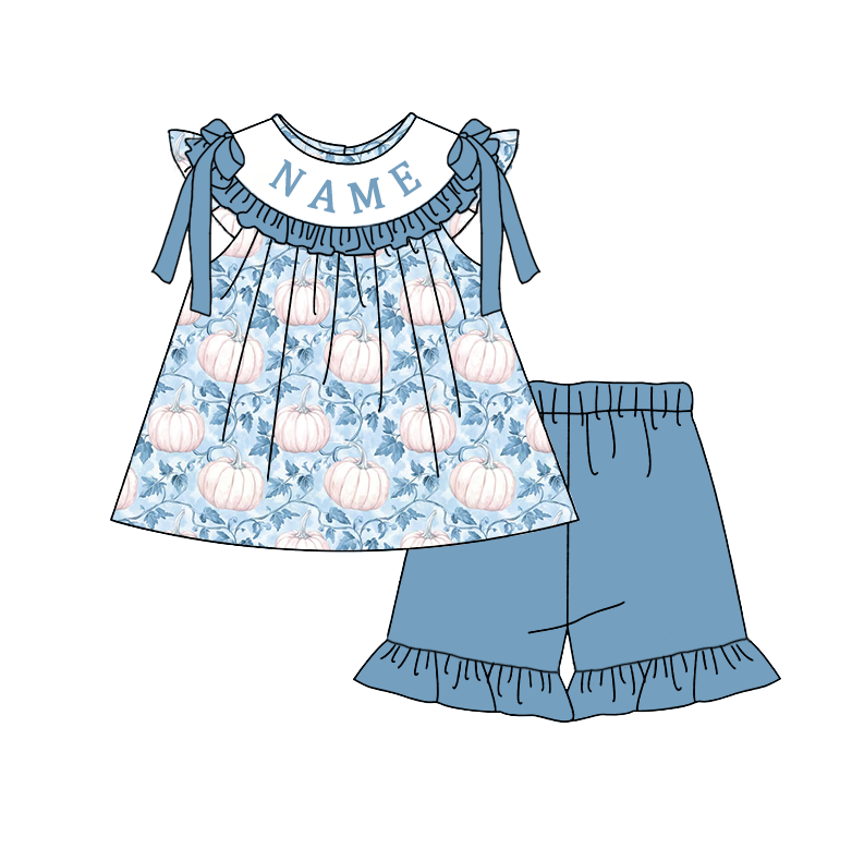 Personalized Blue Pumpkin Collection | Custom Name Dress Set, Bubble Romper, Jon Jon & Longall