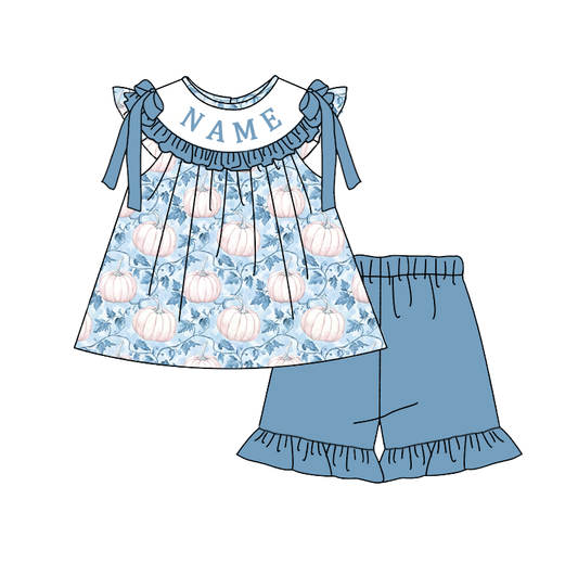 Personalized Blue Pumpkin Collection | Custom Name Dress Set, Bubble Romper, Jon Jon & Longall