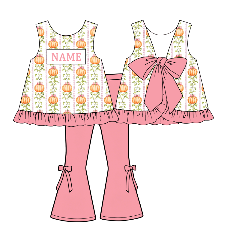 Personalized Pink Pumpkin Collection | Custom Name Dress, Bubble Romper & Bell Bottom Set