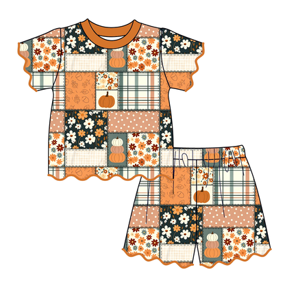 Girls Halloween Pumpkin Scalloped Trim Short Set | Boutique Fall Outfit