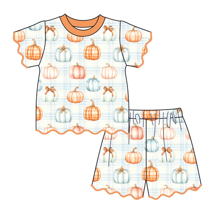 Girls Halloween Pumpkin Scalloped Trim Short Set | Boutique Fall Outfit