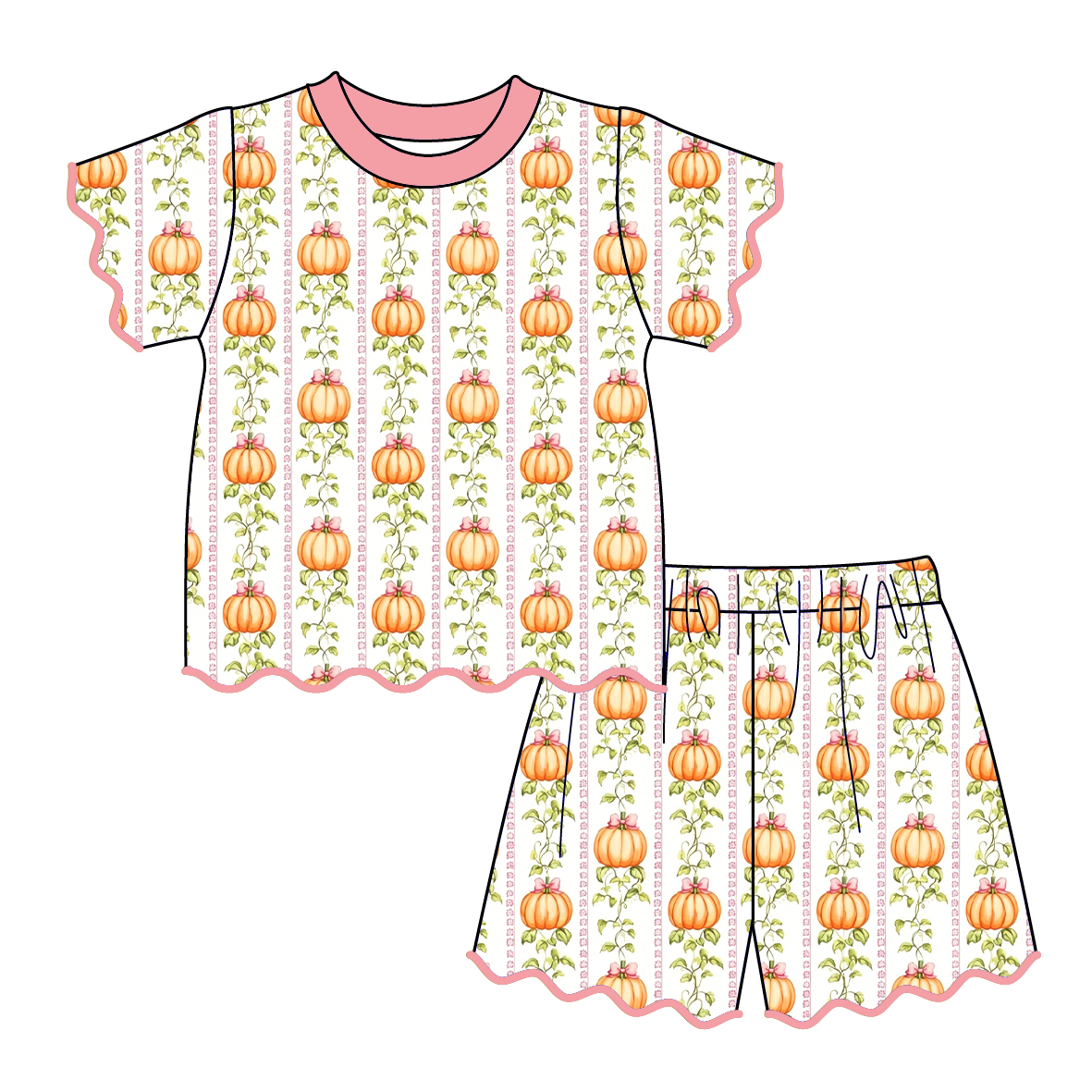 Girls Halloween Pumpkin Scalloped Trim Short Set | Boutique Fall Outfit