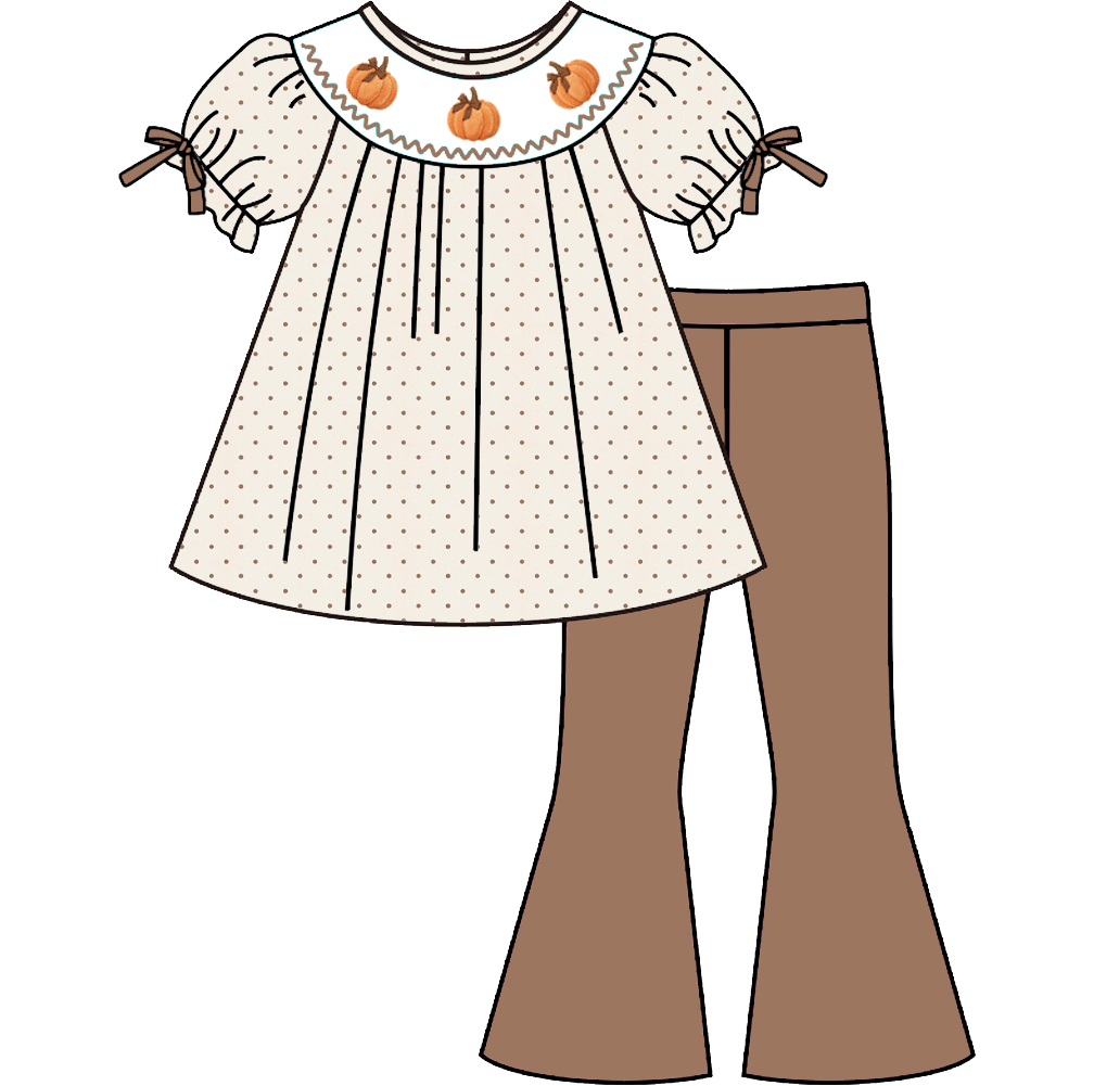 Girls Fall Pumpkin Smocked Embroidery Sibling Outfits – Thanksgiving Dress, Pants Set & Baby Romper