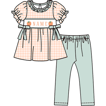 Personalized Pumpkin Smocked Embroidery Collection | Baby Bubble Romper, Long Romper, Dress & Pant Set | Fall & Halloween Boutique Kids Clothing