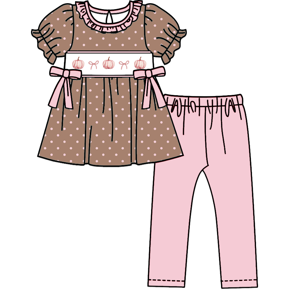 Fall Pumpkin Smocked Embroidered Girls Matching Collection – Dress, Pants Set & Baby Romper